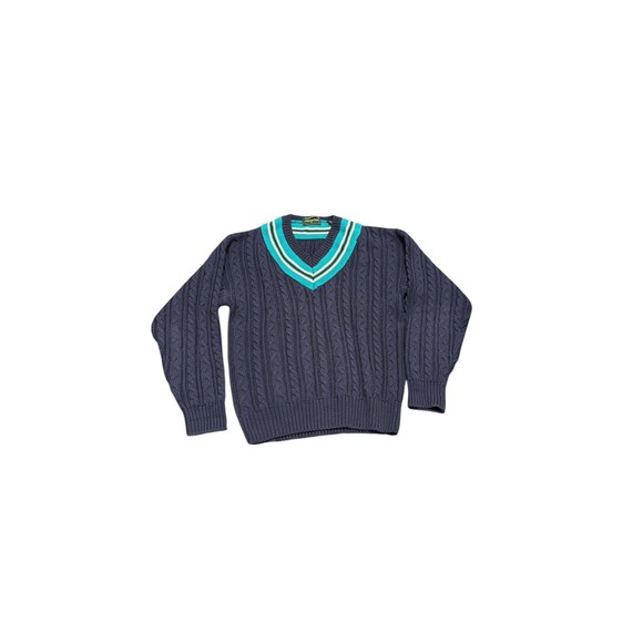 Men's L Vtg‎ Embassy Row Navy V Neck Cable Knit Pullover Sweater 100% Cotton - Picture 1 of 6
